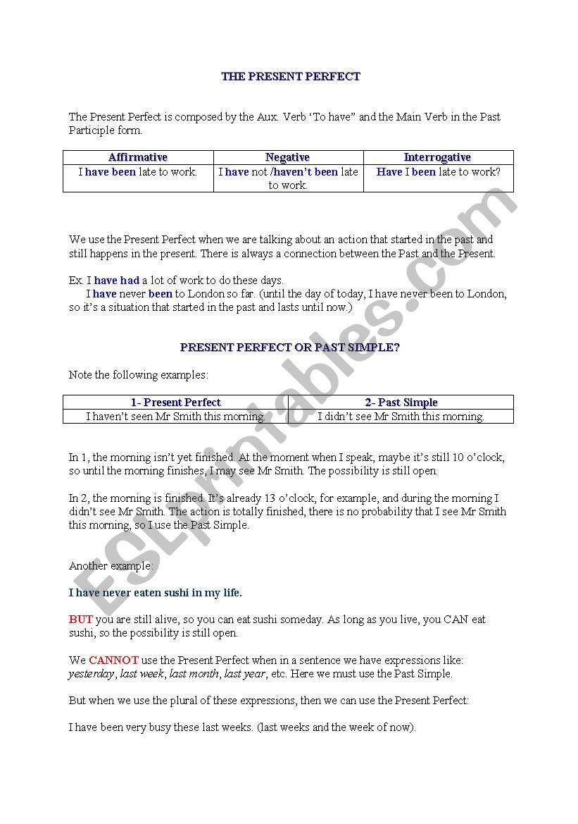 The Present Perfect worksheet