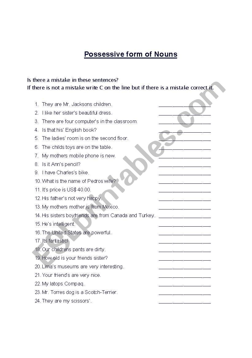 Possessive Forms of Nouns worksheet