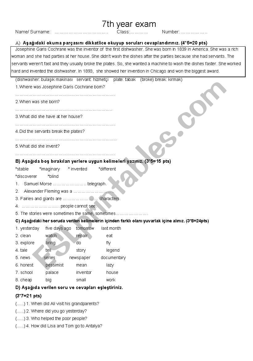 7TH YEAR EXAM *simplepast worksheet