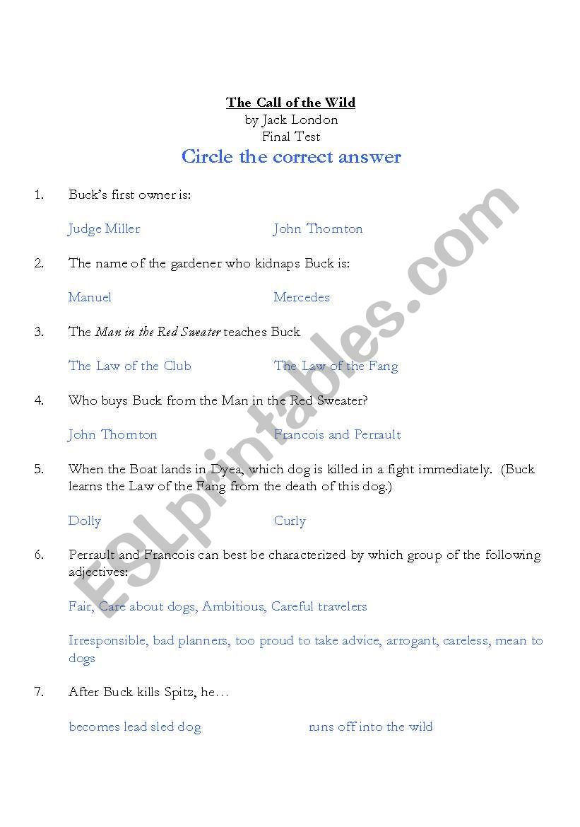The Call of the Wild by Jack London Final Test
