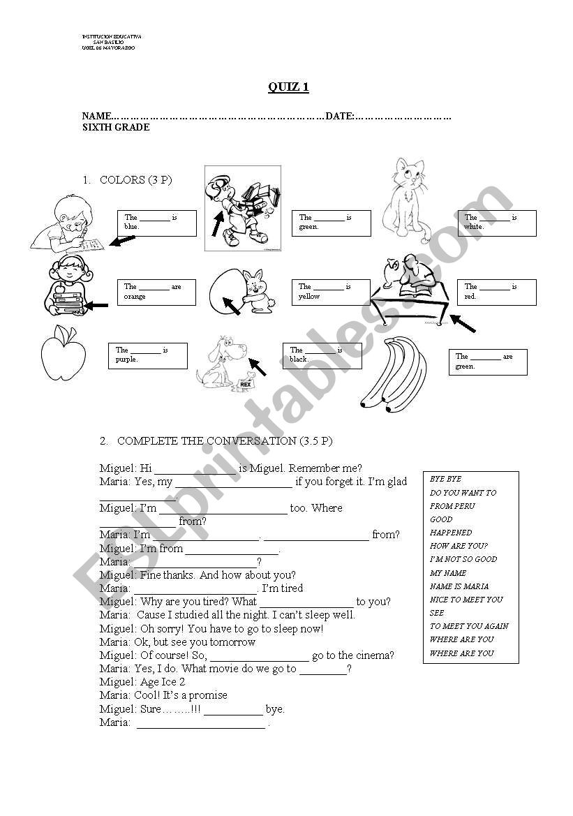 REVIEW COLORS, NUMBERS, SCHOOL SUBJECTS, TIME, FAMILY TREE