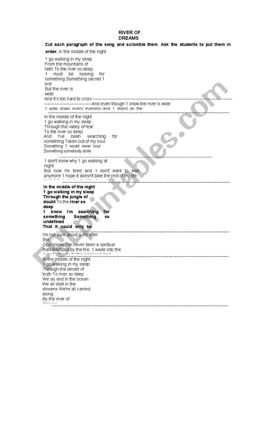 Rivers of dreams worksheet