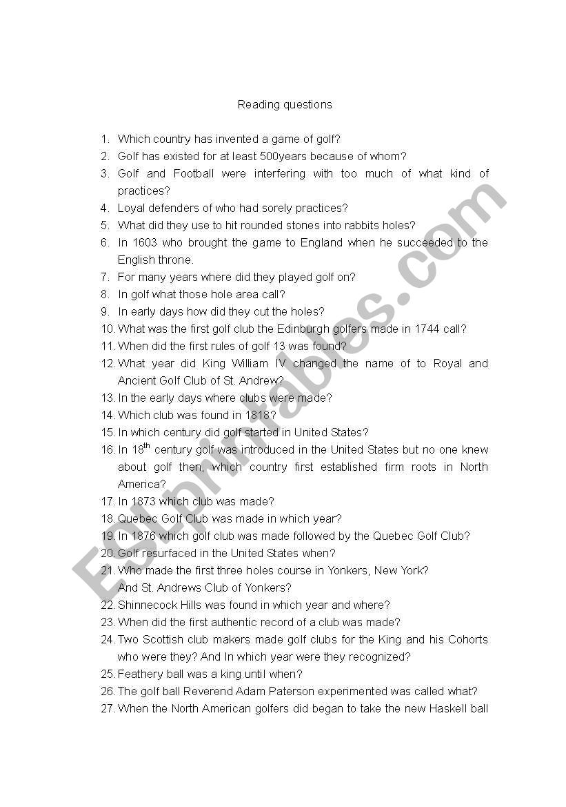 history of golf questions worksheet