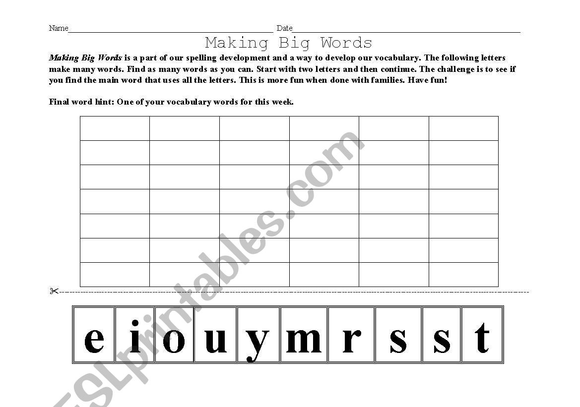 Making Words homework sheet worksheet