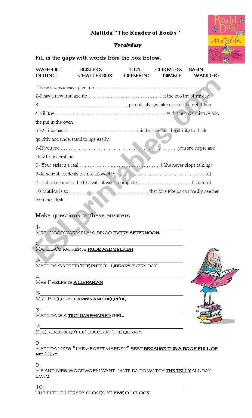 Matilda- Worksheet on the book