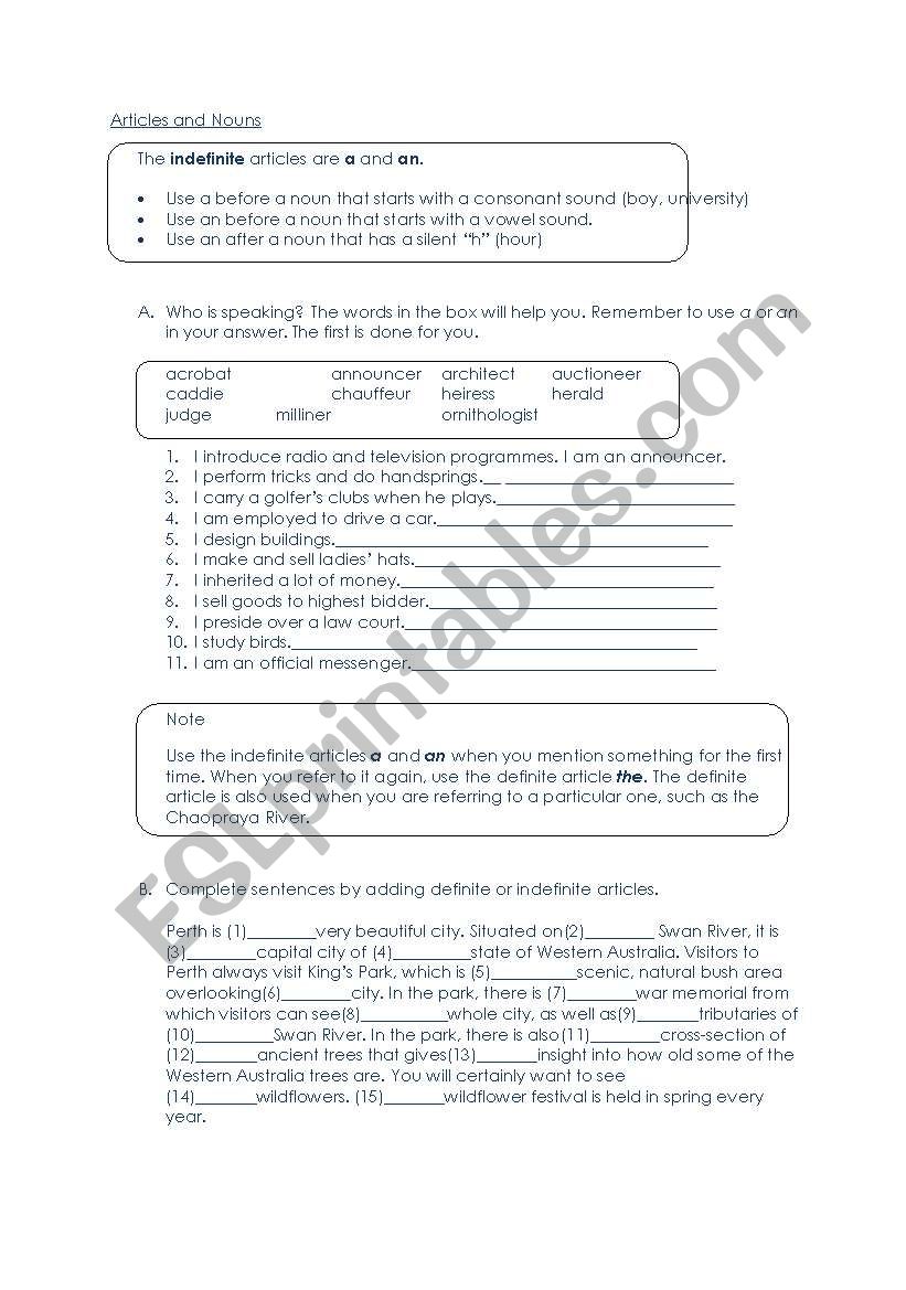 Article a, an, the worksheet