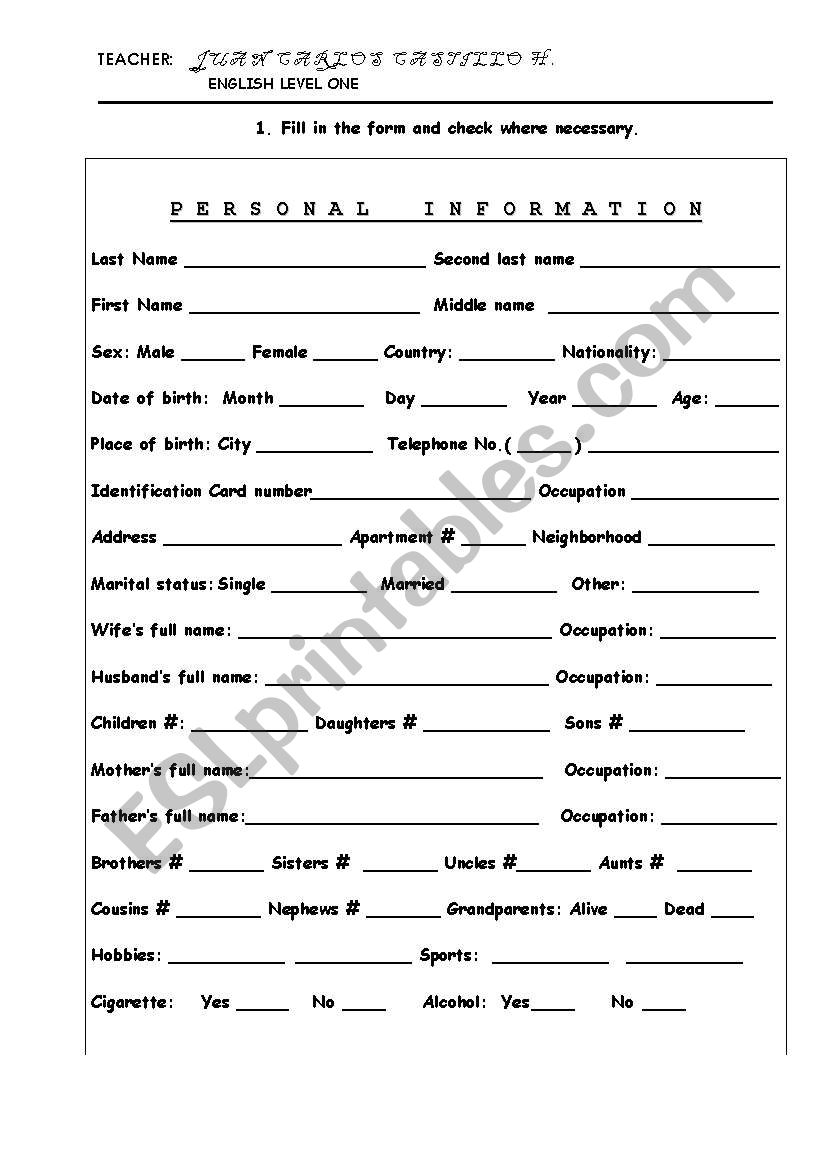 PERSONAL INFORMATION worksheet