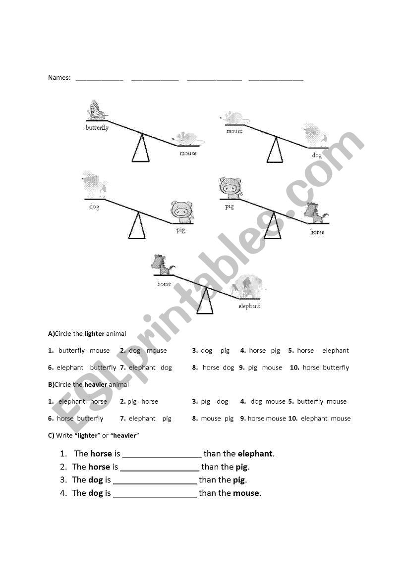 Weight / Mass Comparisons worksheet