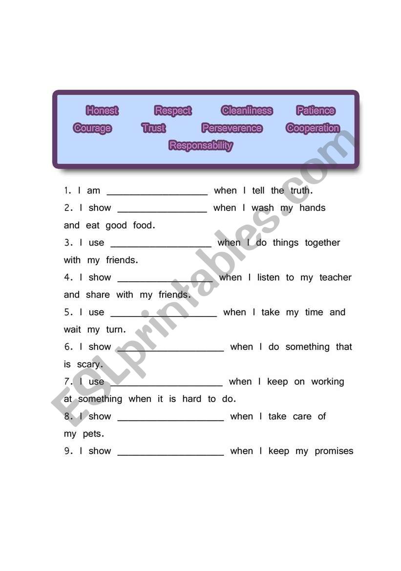 Virtues worksheet worksheet