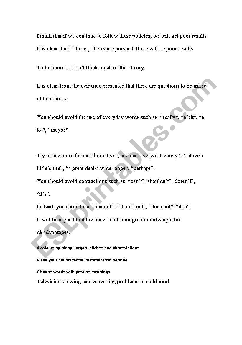 academic writing worksheet