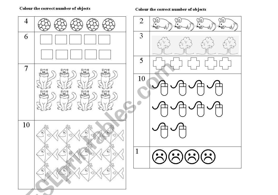 Colour the correct number of objects