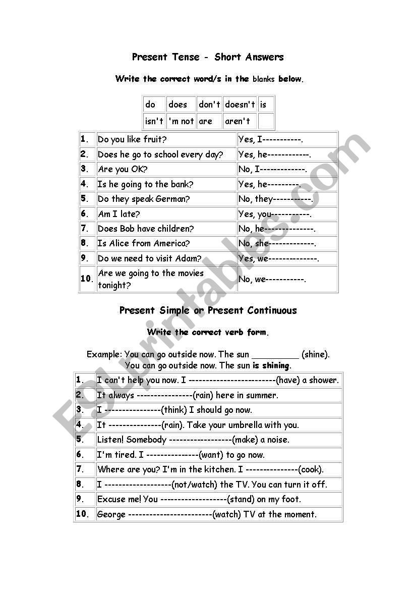 PRESENT SIMPLE EXERCISES 2 worksheet