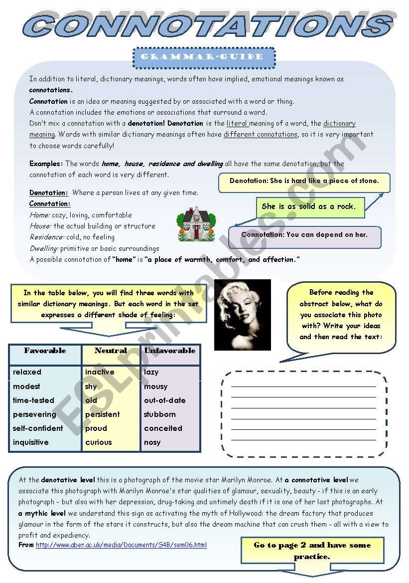 CONNOTATIONS - GRAMMAR-GUIDE + 3 EXERCISES (3 pages + 3 pages of B&W version)
