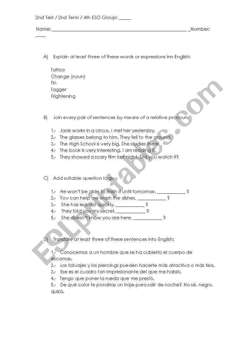4th eso Test Example worksheet
