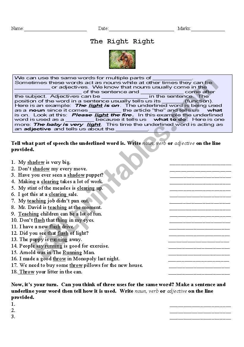 Parts of Speech worksheet  worksheet