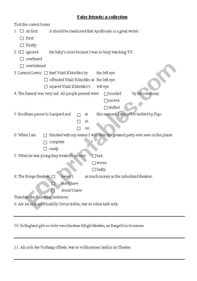 False Friends - an exercise to train the use of the correct forms