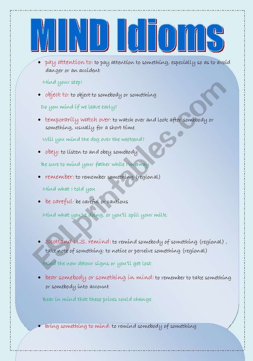Mind idioms worksheet