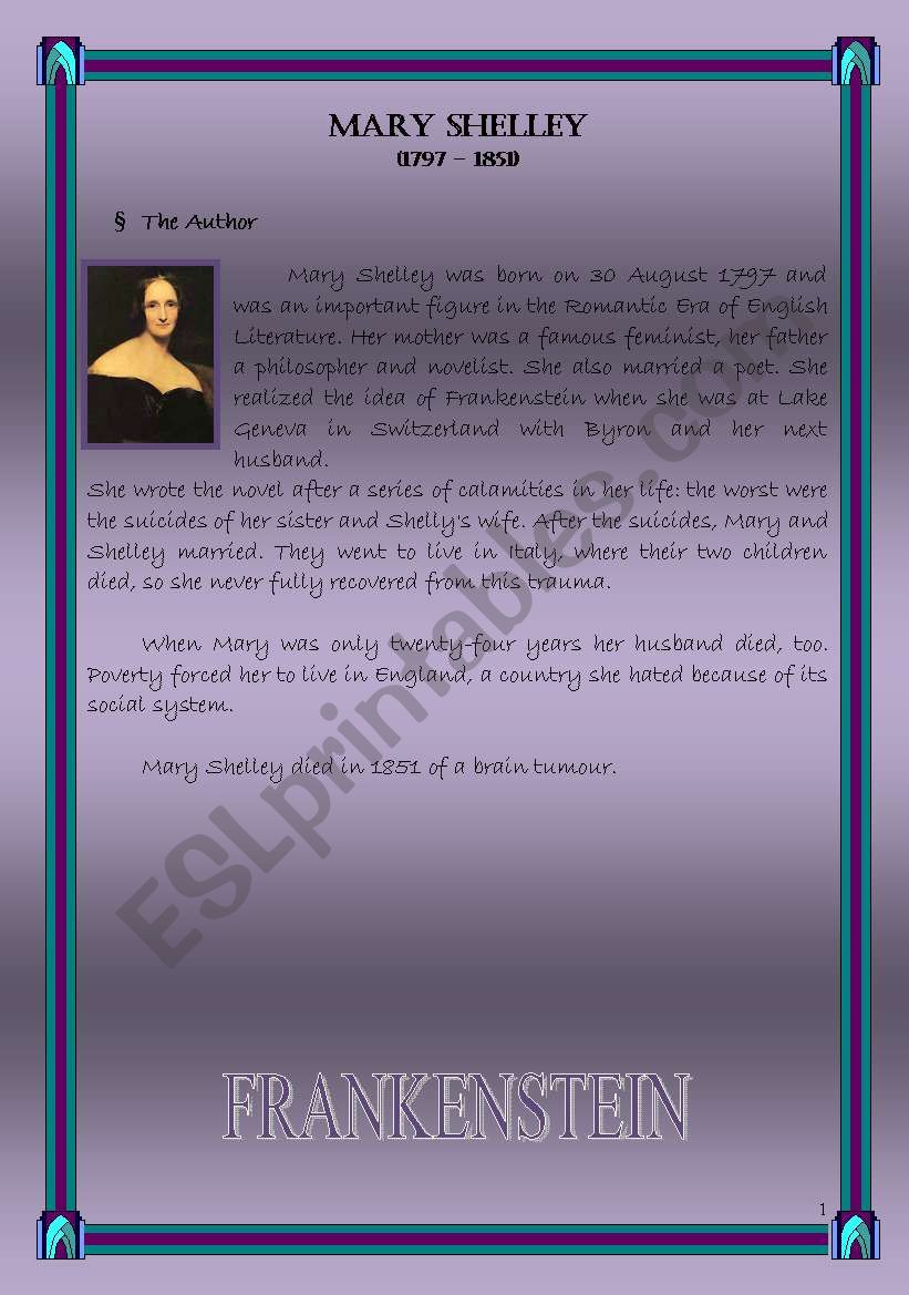 Frankenstein by Mary Shelley worksheet