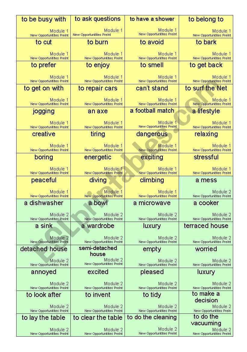word cards for New Opportunities Pre-intermediate modules 1-3