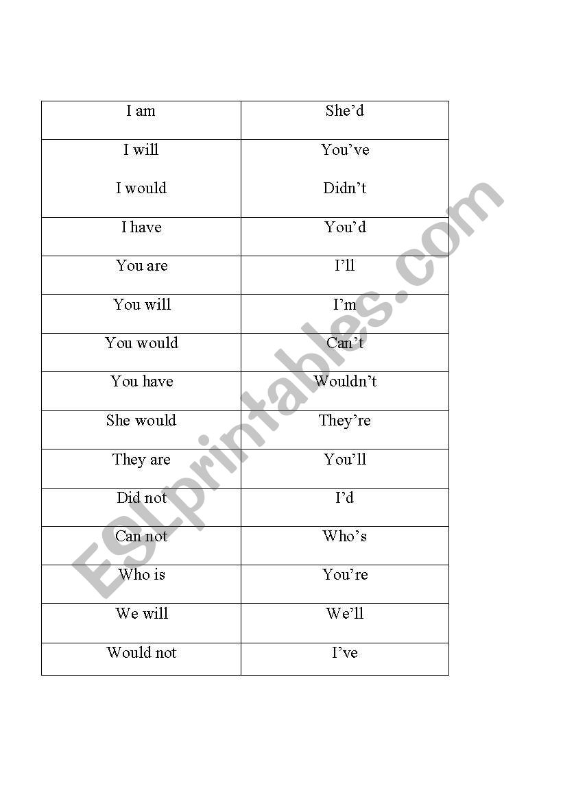 Contraction Flash Cards worksheet