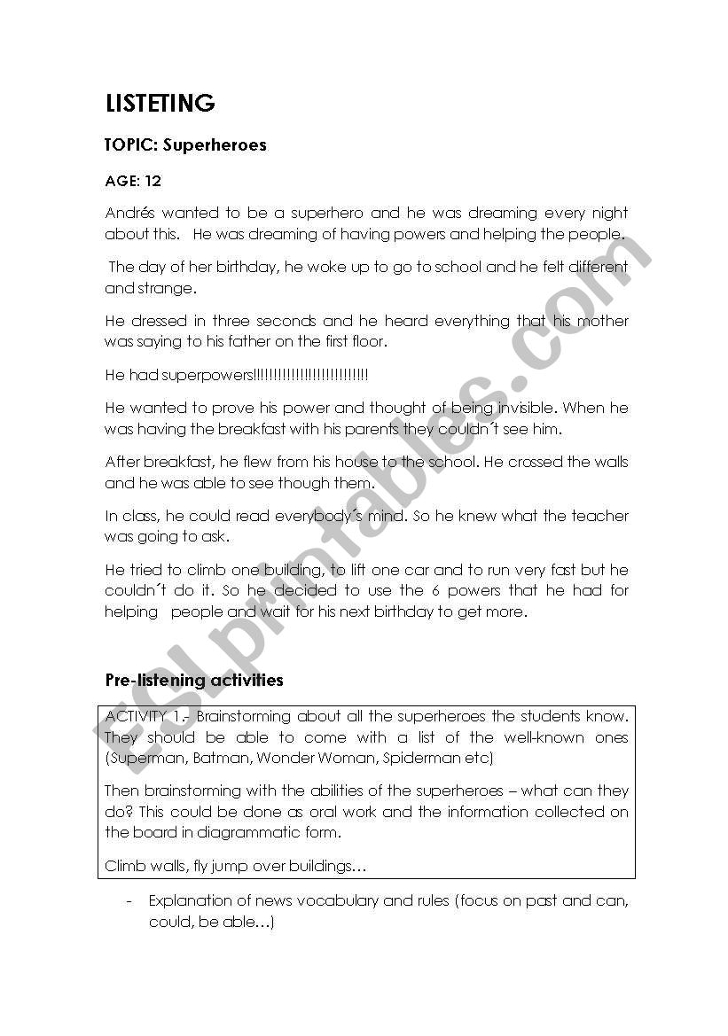 SUPERHERO worksheet