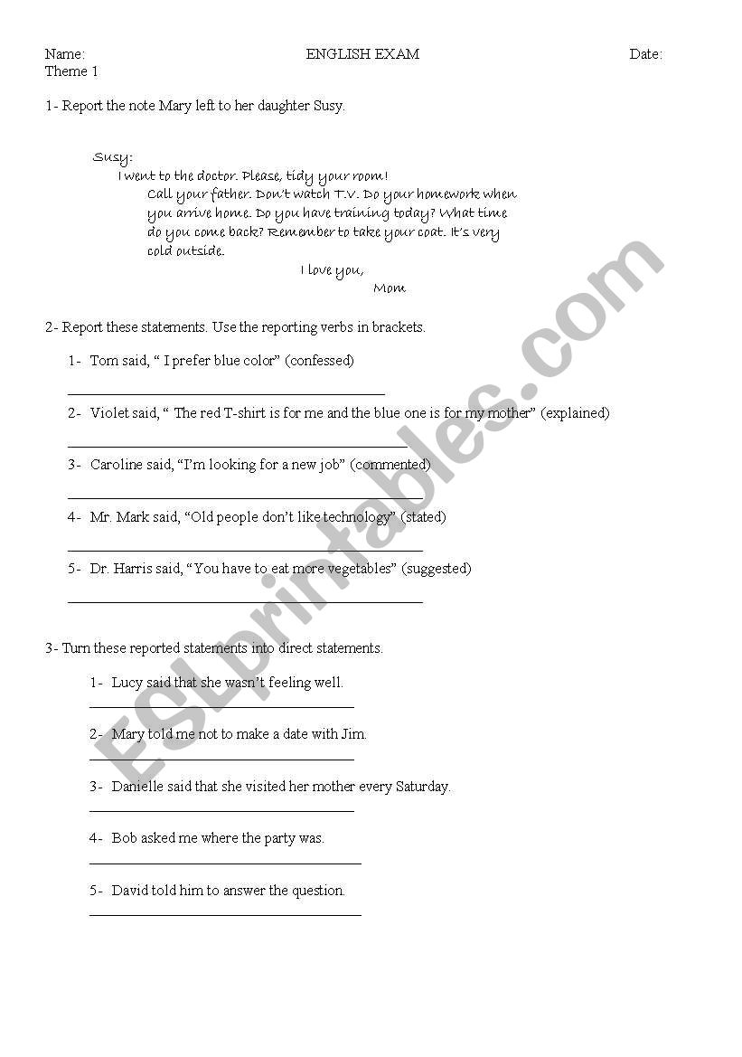 Reported speach worksheet