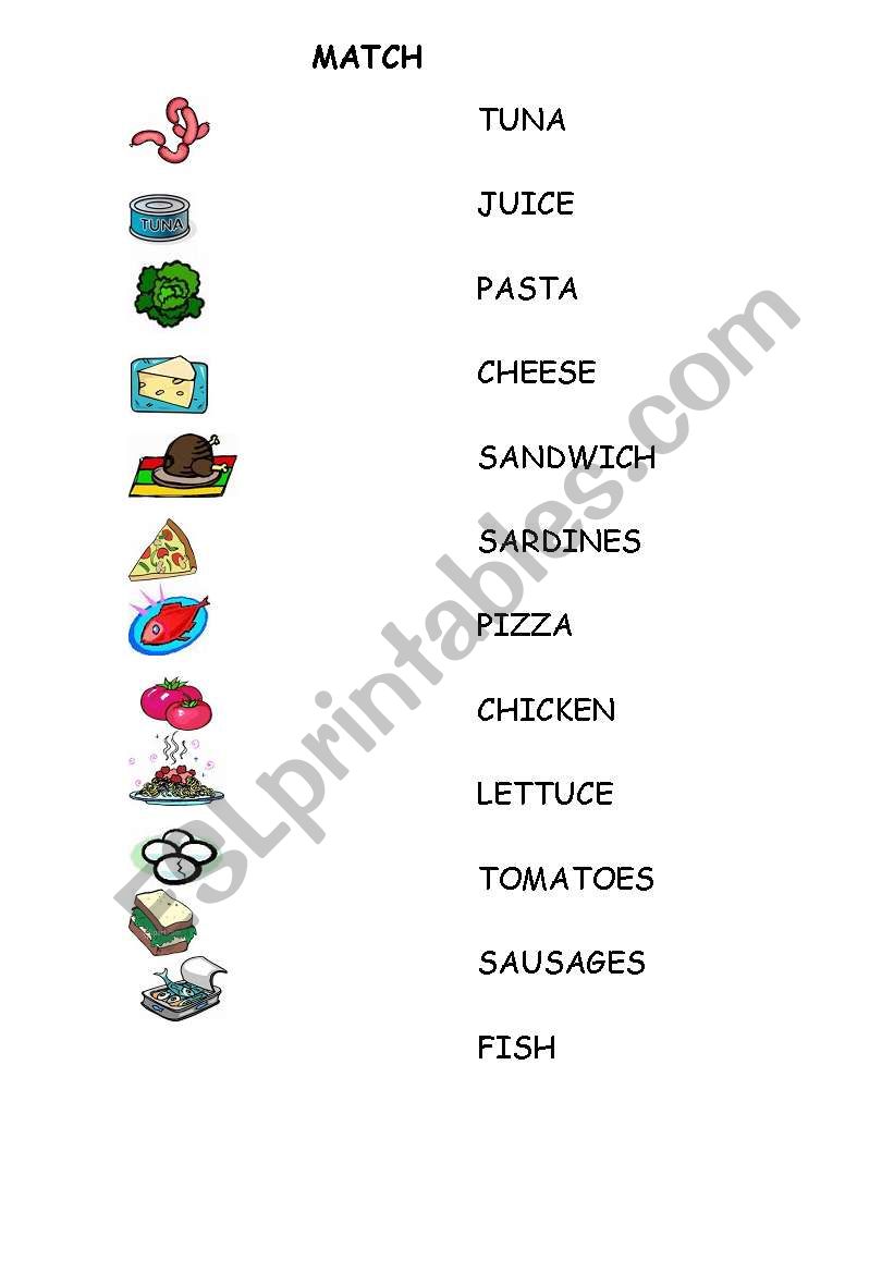 Food match for kids worksheet