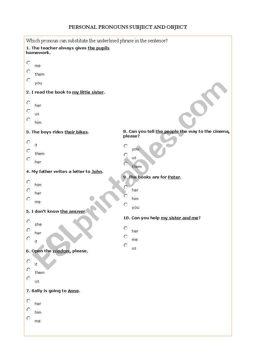Personal pronouns worksheet