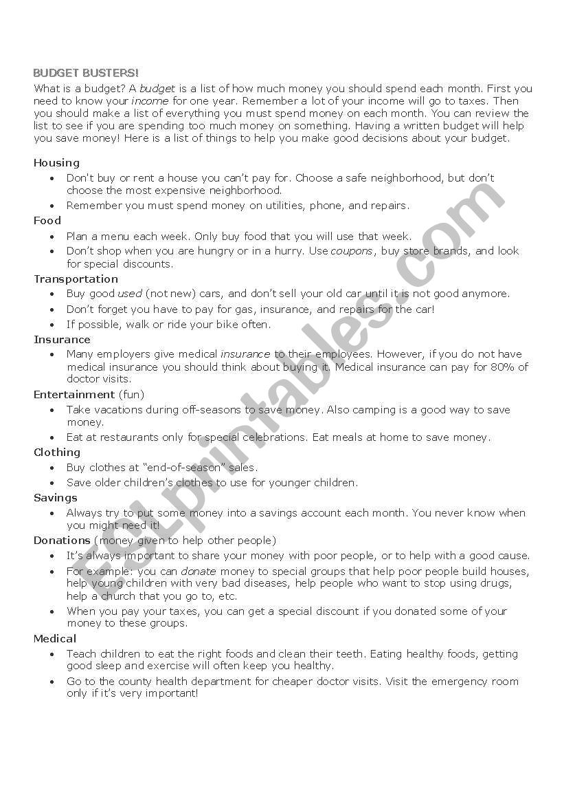 Budget Busters worksheet