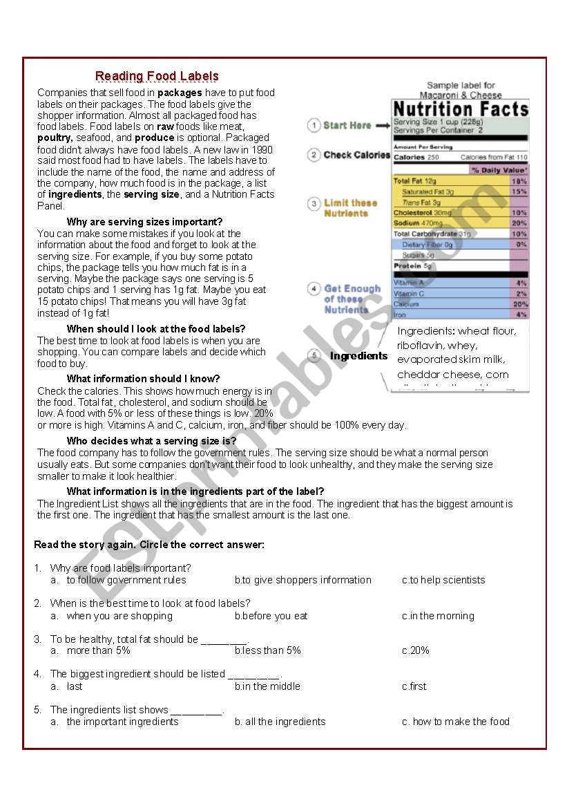 Reading Food Labels - ESL worksheet by arlissa Pertaining To Nutrition Label Worksheet Answer