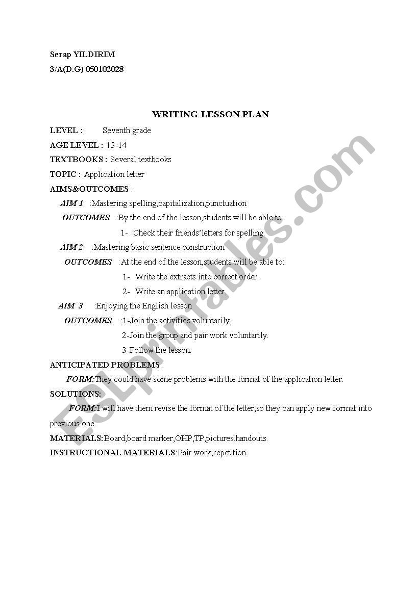 writing lesson plan worksheet