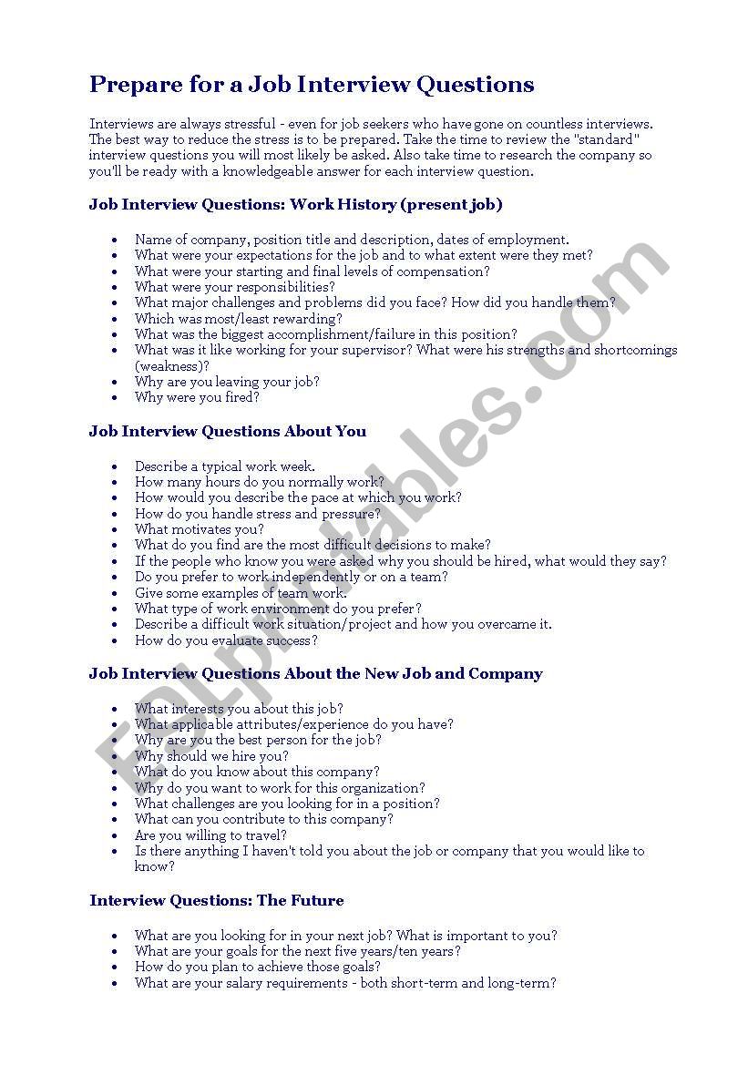 Job Interview Questions worksheet