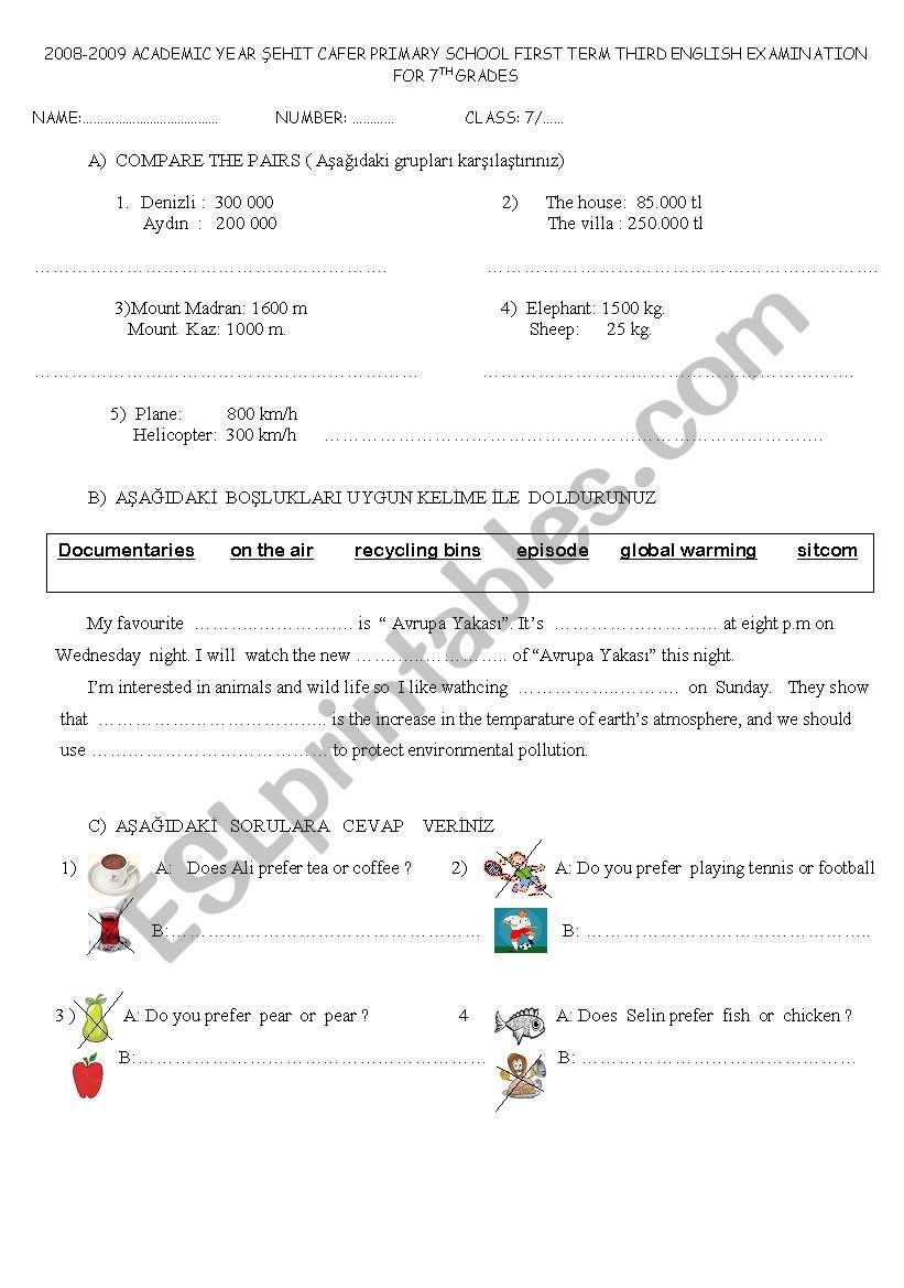 7th grade exam worksheet