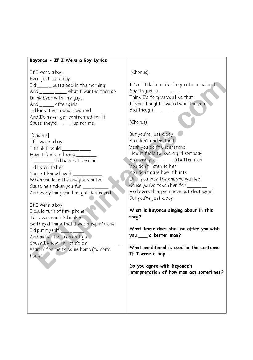 IF I WERE A BOY BEYONCE worksheet