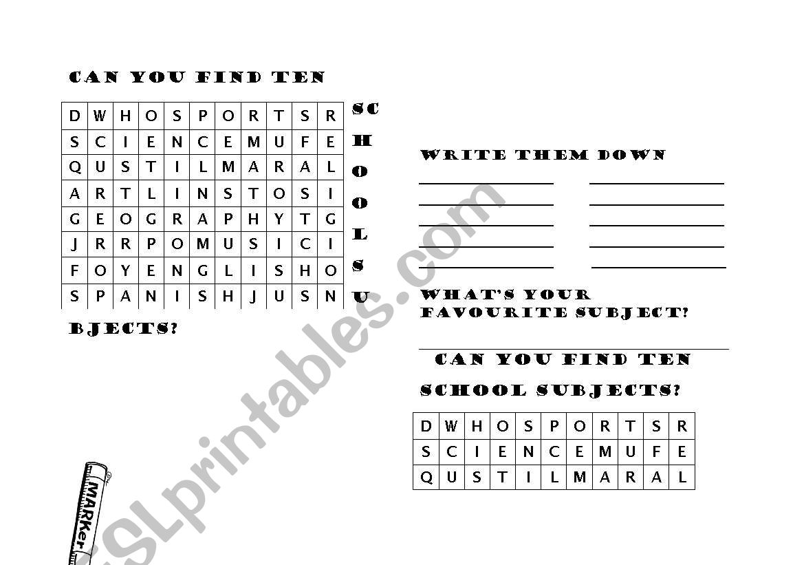 school subjects wordsearch worksheet