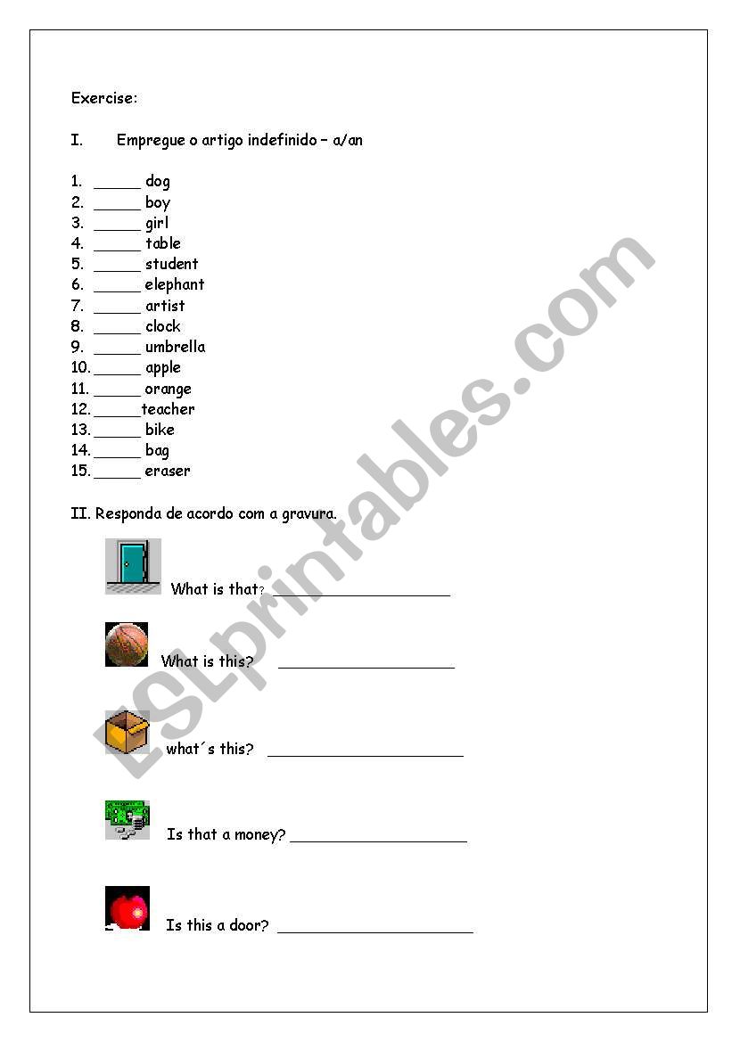 Exercise A or An worksheet