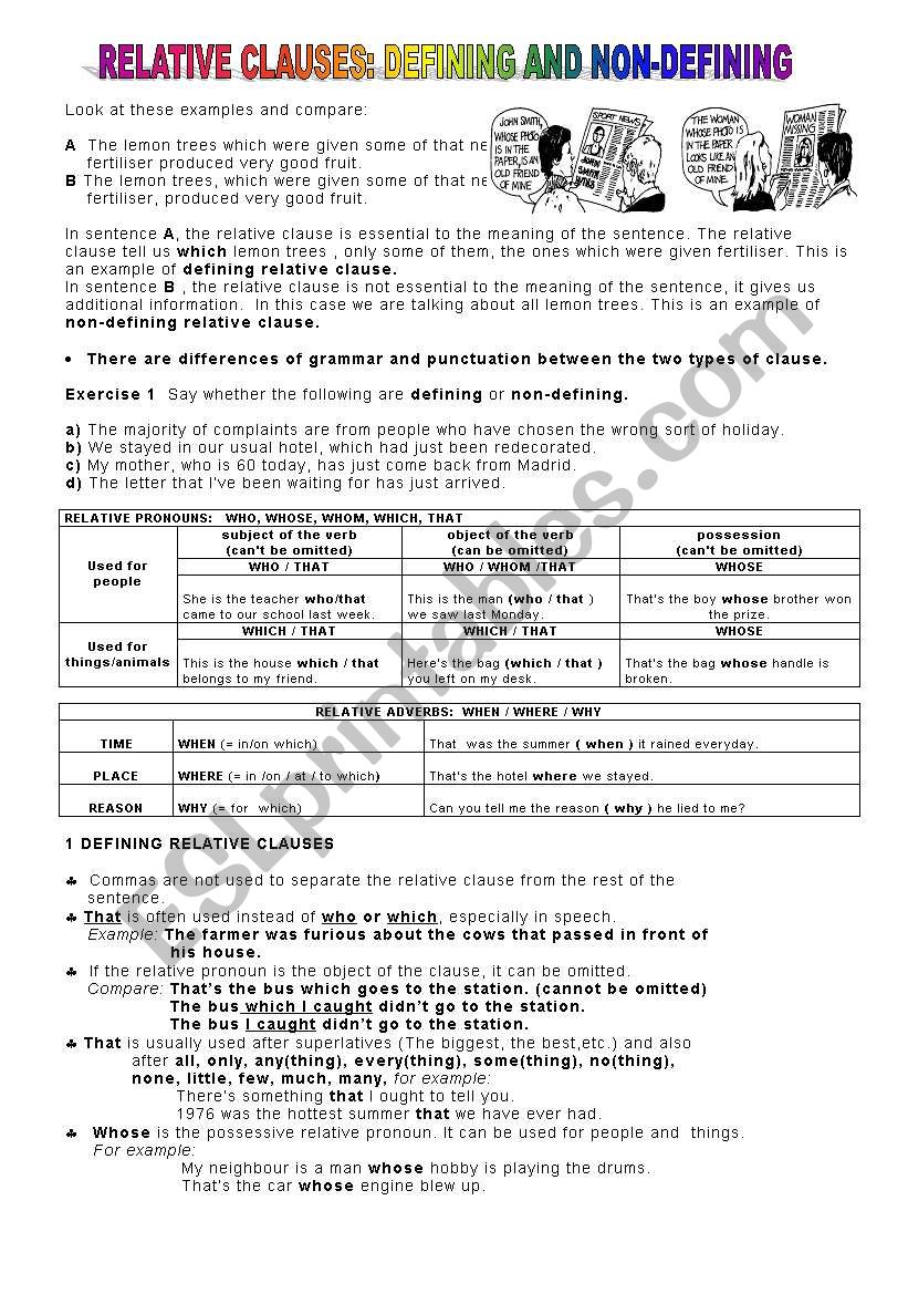 Defining and Non-defining relative clauses