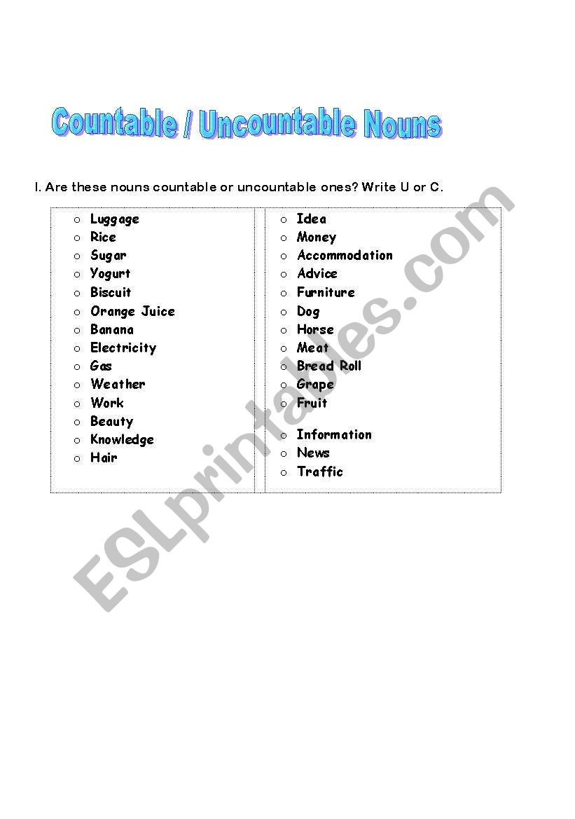 English worksheets: Countable/Uncountable Nouns