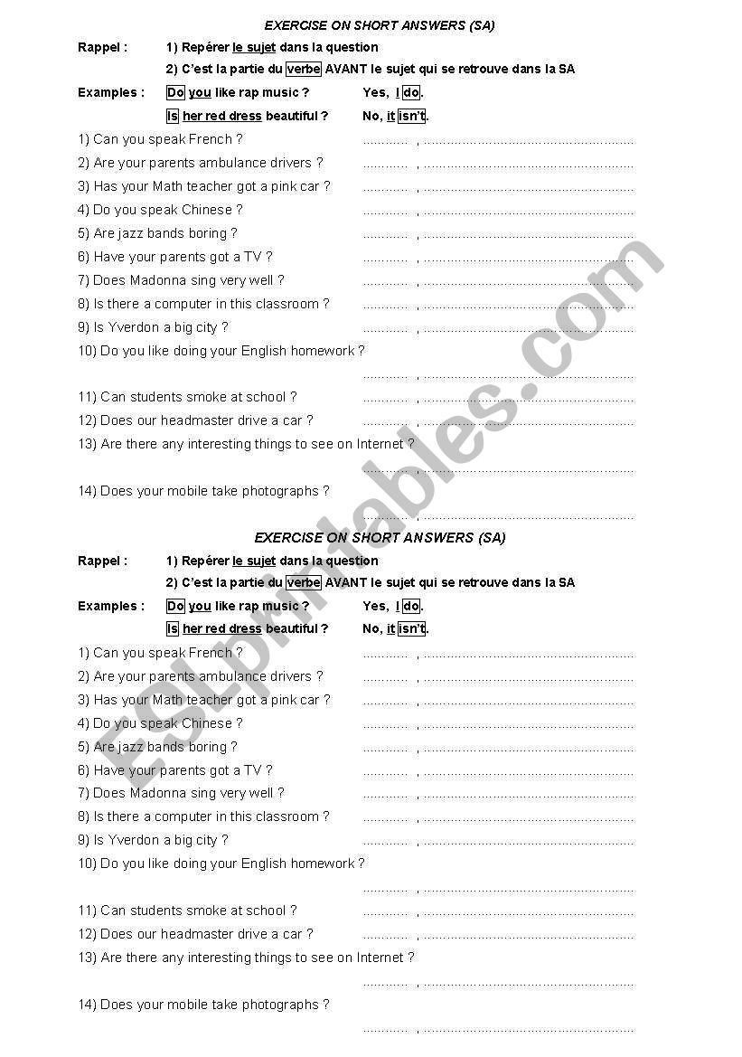 SHORT ANSWERS  worksheet