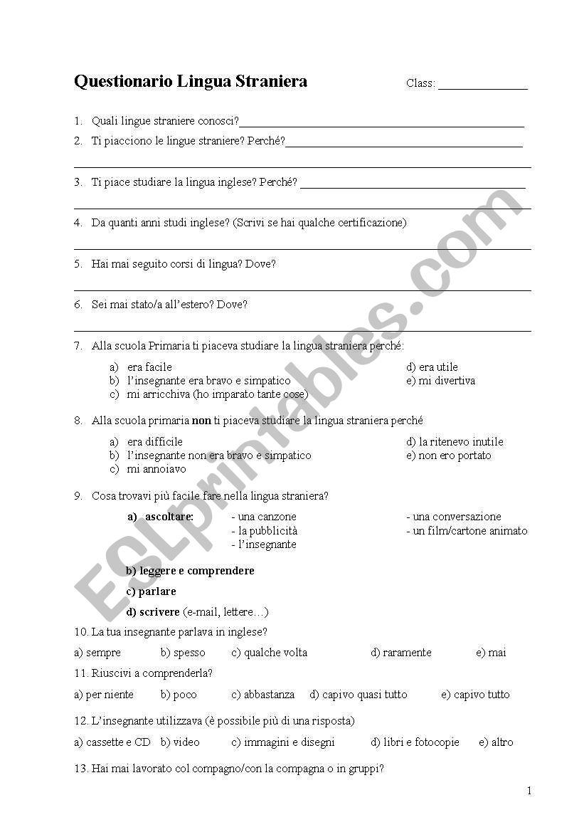 Questionnaire worksheet