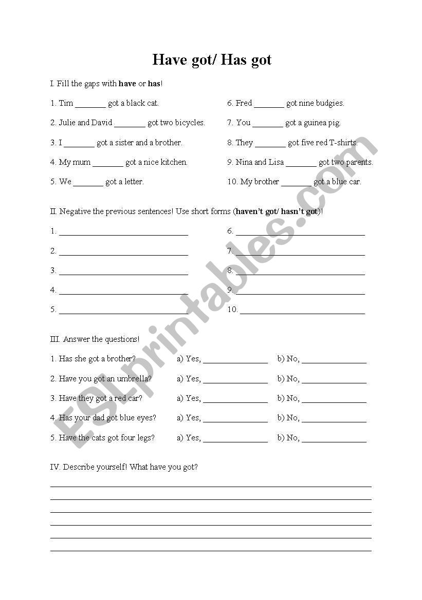 Have got or has got? worksheet