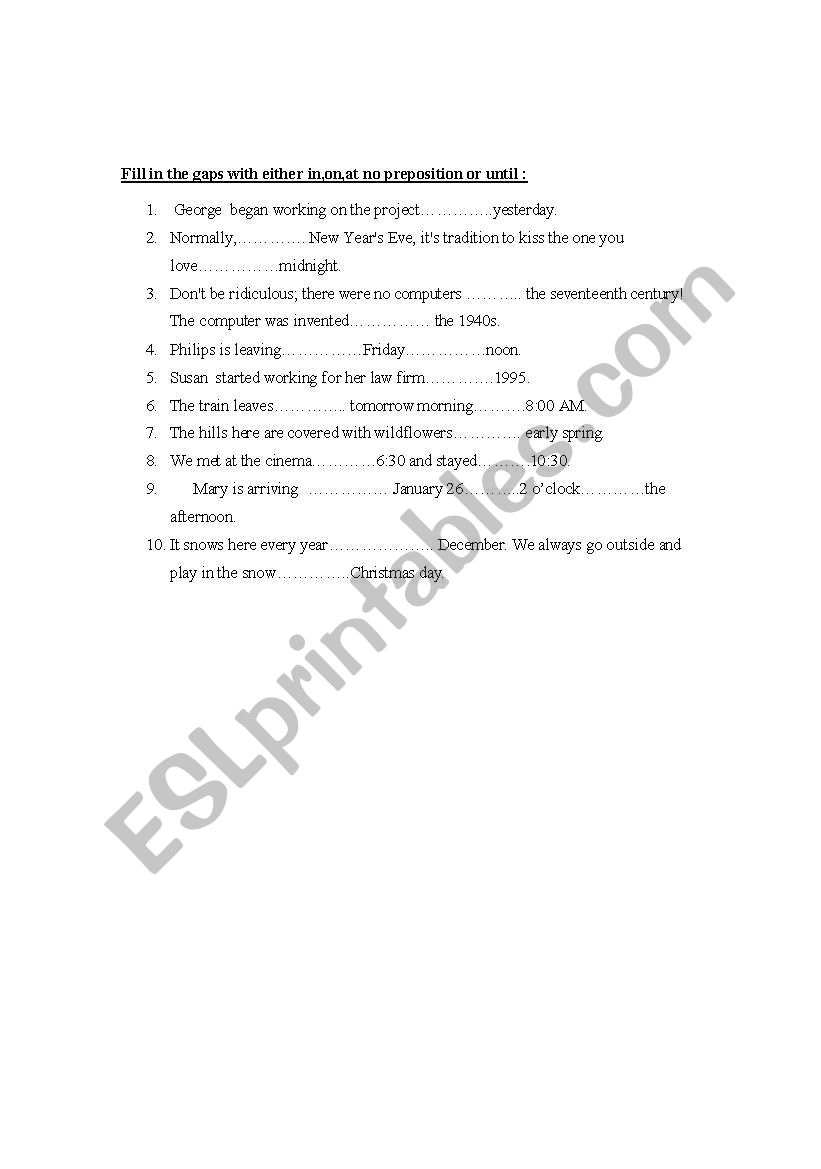 Time prepositions worksheet