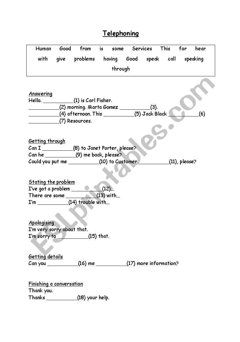 Telephoning worksheet