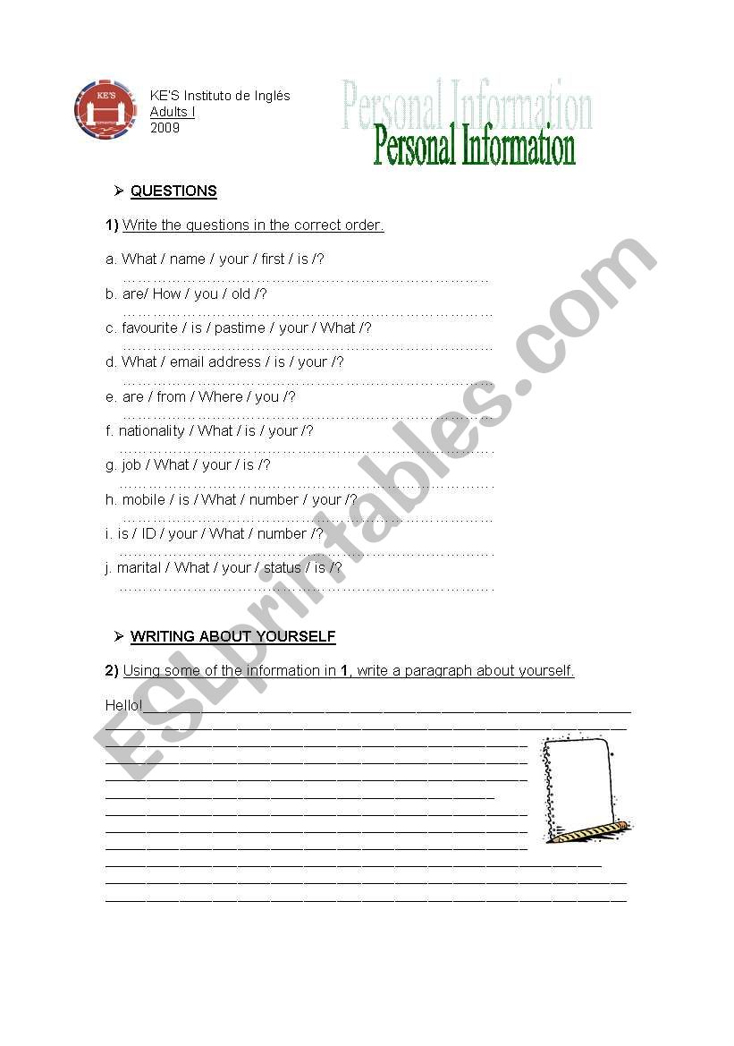 Personal Information worksheet