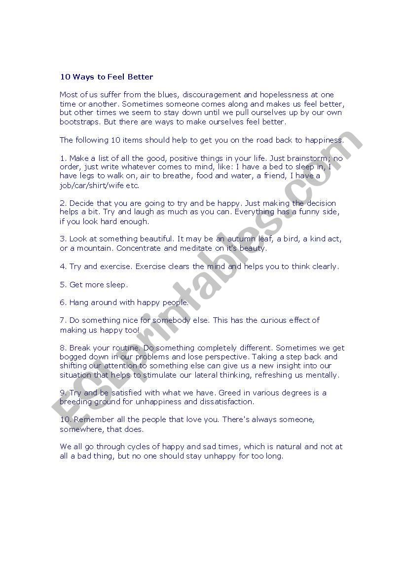 TEN WAYS TO FEEL BETTER worksheet