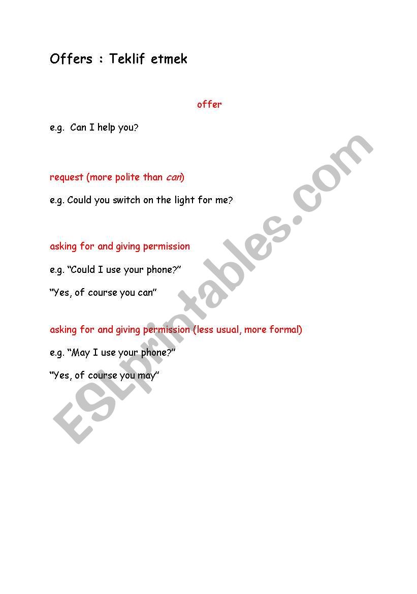 Modal Verb - offer worksheet