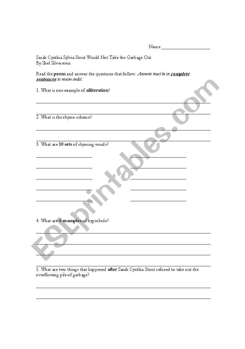 Sarah Cynthia Sylvia Stout worksheet