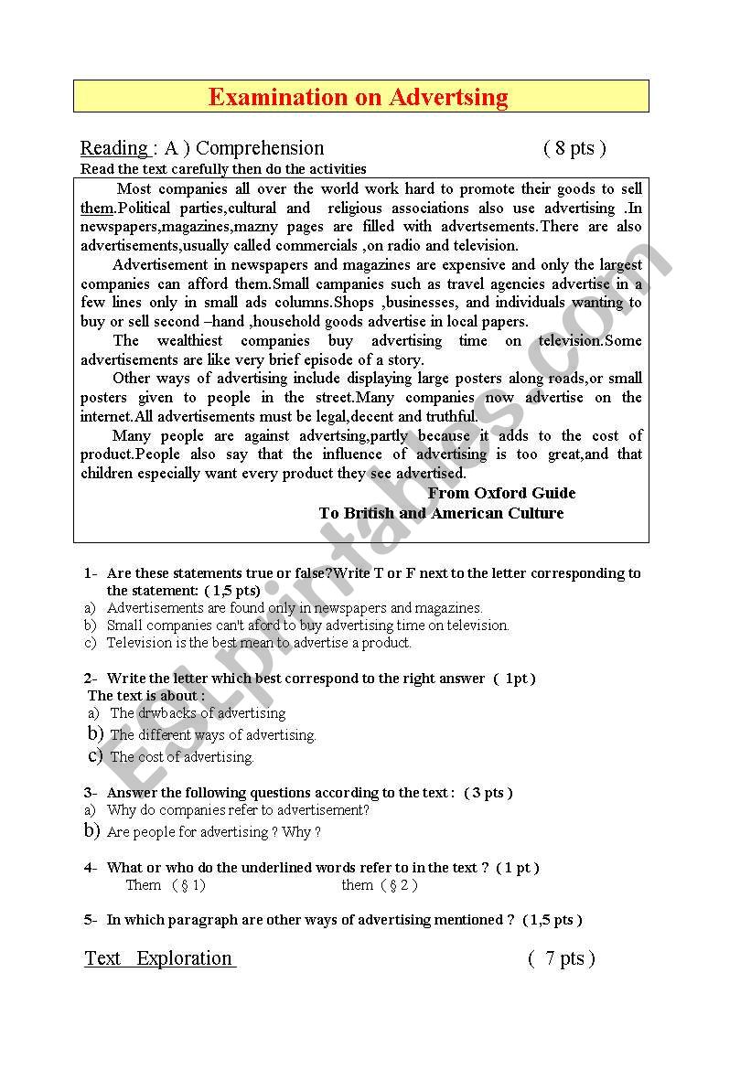 Advertising worksheet