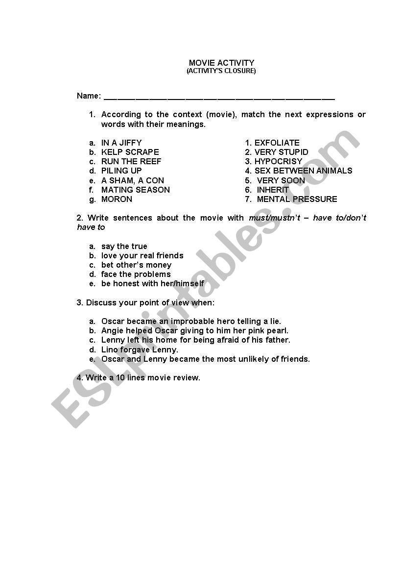 MOVIE ACTIVITY worksheet