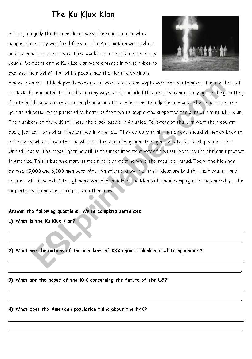 Ku Klux Klan worksheet